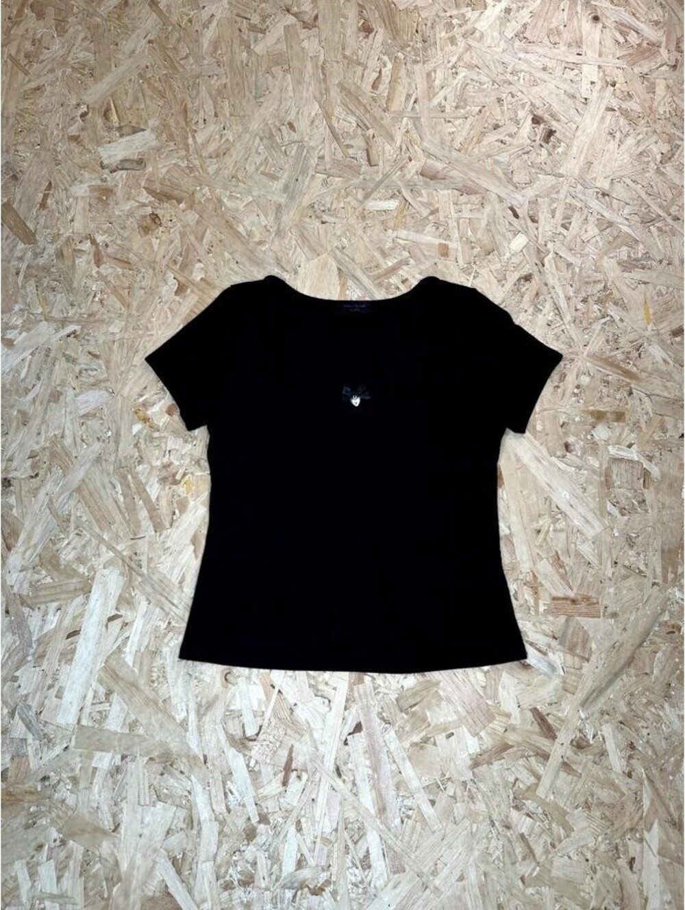 Urban Episode Black Ribbed Tee Womens Size Small Square Neck Bow Heart Charm